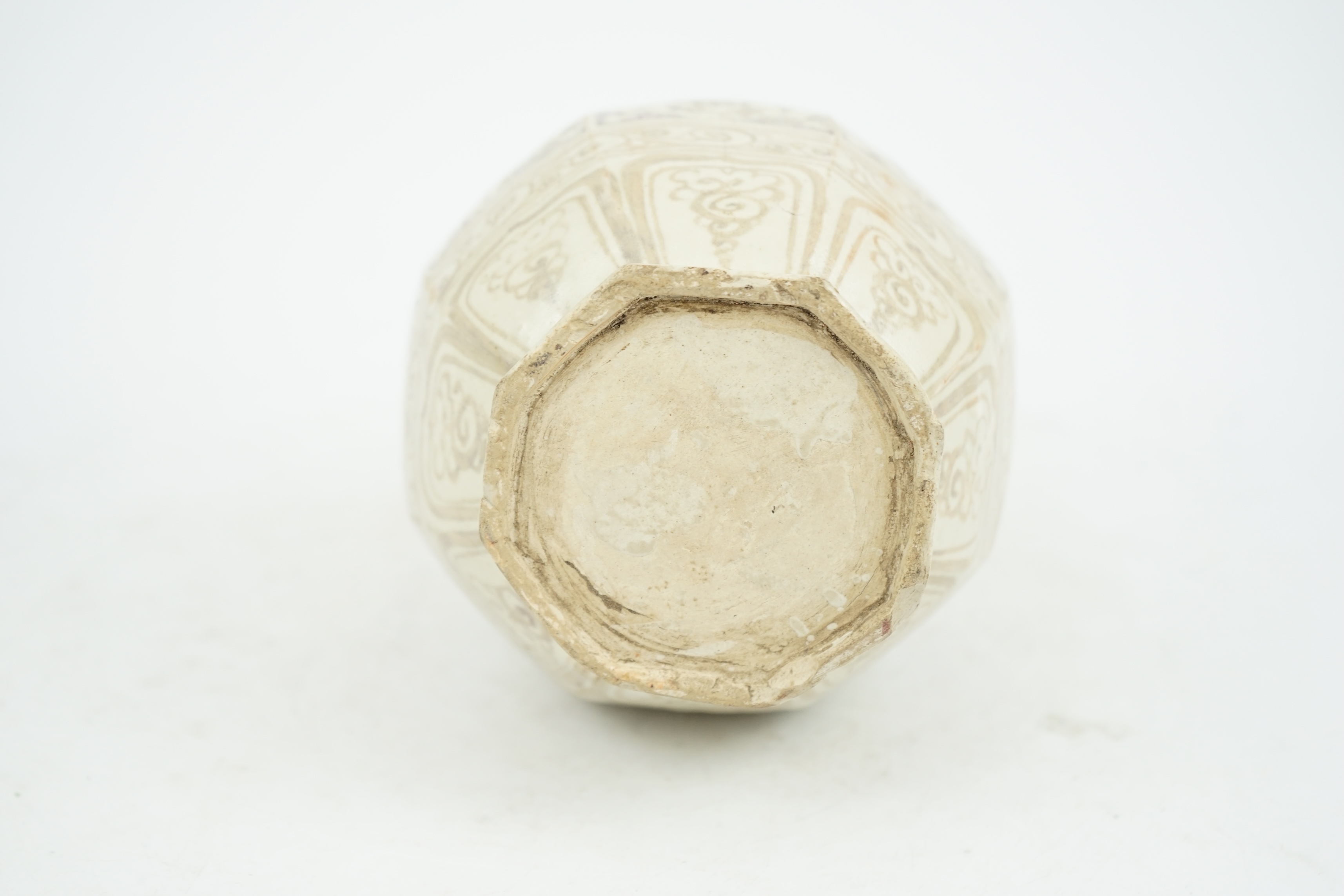 A Chinese underglaze copper red octagonal bottle vase, yuhuchunping, possibly Yuan or Hongwu period, Ming dynasty